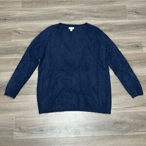 Lands End Canvas Medium Sweater Blue Angora Rabbit Hair V Neck Solid Pullover